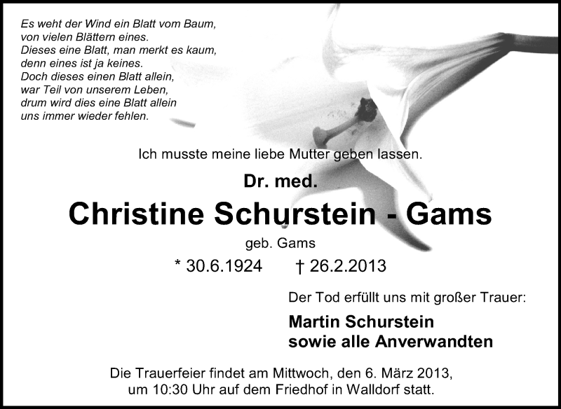  Traueranzeige für Christine Schurstein-Gams vom 01.03.2013 aus Rüsselsheimer Echo, Groß-Gerauer-Echo, Ried Echo
