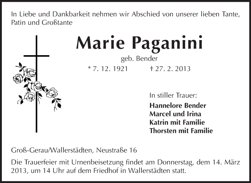  Traueranzeige für Marie Paganini vom 09.03.2013 aus Rüsselsheimer Echo, Groß-Gerauer-Echo, Ried Echo