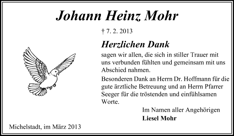  Traueranzeige für Heinz Mohr vom 02.03.2013 aus Odenwälder Echo