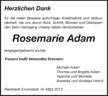 Traueranzeige von Rosemarie Adam von Darmstädter Echo, Odenwälder Echo, Rüsselsheimer Echo, Groß-Gerauer-Echo, Ried Echo
