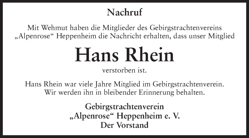  Traueranzeige für Hans Rhein vom 02.03.2013 aus Starkenburger Echo