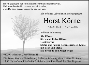 Traueranzeige von Horst Körner von Odenwälder Echo