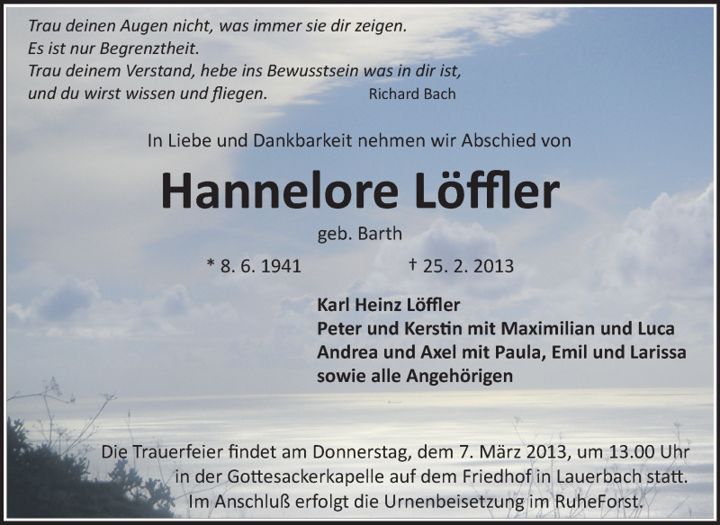  Traueranzeige für Hannelore Löffler vom 02.03.2013 aus Odenwälder Echo