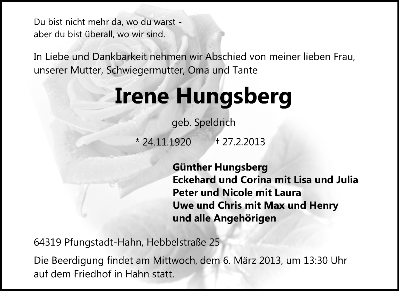  Traueranzeige für Irene Hungsberg vom 04.03.2013 aus Echo-Zeitungen (Gesamtausgabe)