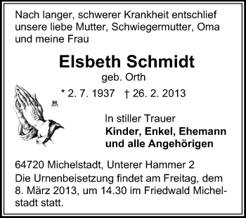 Traueranzeige von Elsbeth Schmidt von Odenwälder Echo