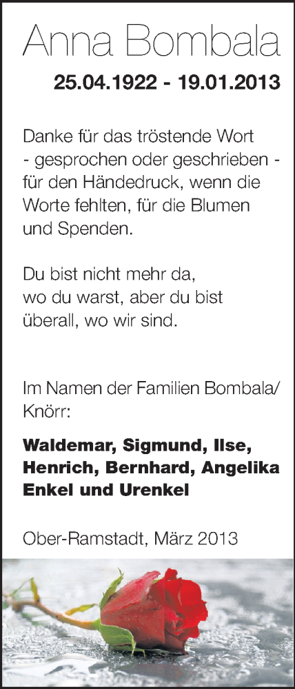  Traueranzeige für Anna Bombala vom 09.03.2013 aus Echo-Zeitungen (Gesamtausgabe)