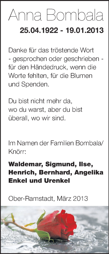Traueranzeige von Anna Bombala von Echo-Zeitungen (Gesamtausgabe)