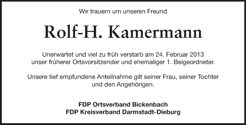  Traueranzeige für Rolf-H. Kamermann vom 04.03.2013 aus Echo-Zeitungen (Gesamtausgabe)