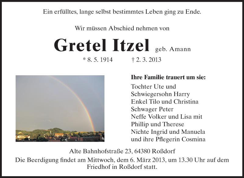  Traueranzeige für Gretel Itzel vom 04.03.2013 aus Echo-Zeitungen (Gesamtausgabe)