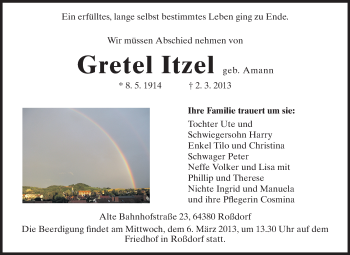 Traueranzeige von Gretel Itzel von Echo-Zeitungen (Gesamtausgabe)