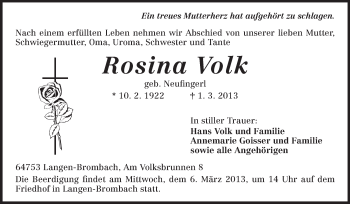 Traueranzeige von Rosina Volk von Odenwälder Echo