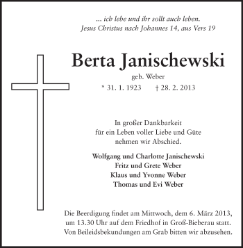 Traueranzeige von Berta Janischewski von Echo-Zeitungen (Gesamtausgabe)