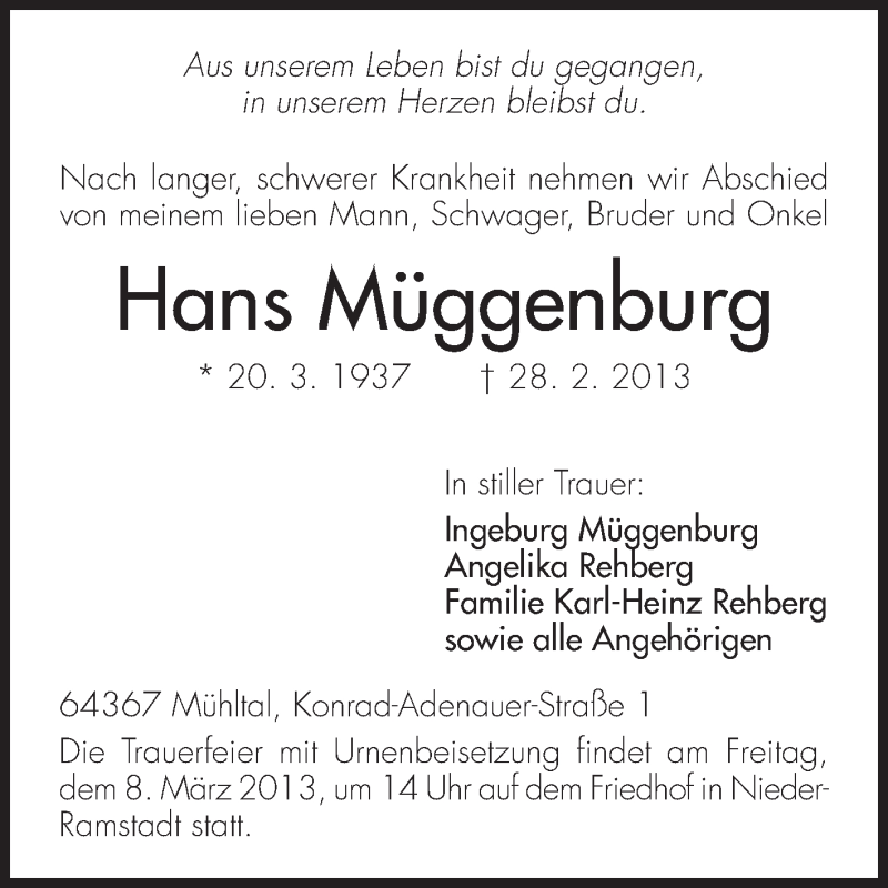  Traueranzeige für Hans Müggenburg vom 05.03.2013 aus Echo-Zeitungen (Gesamtausgabe)