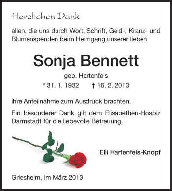 Traueranzeige von Sonja Bennett von Echo-Zeitungen (Gesamtausgabe)