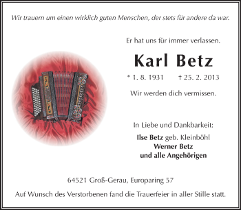Traueranzeige von Karl Betz von Rüsselsheimer Echo, Groß-Gerauer-Echo, Ried Echo