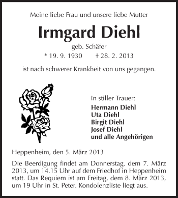 Traueranzeige von Irmgard Diehl von Starkenburger Echo