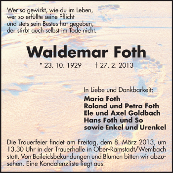 Traueranzeige von Waldemar Foth von Echo-Zeitungen (Gesamtausgabe)