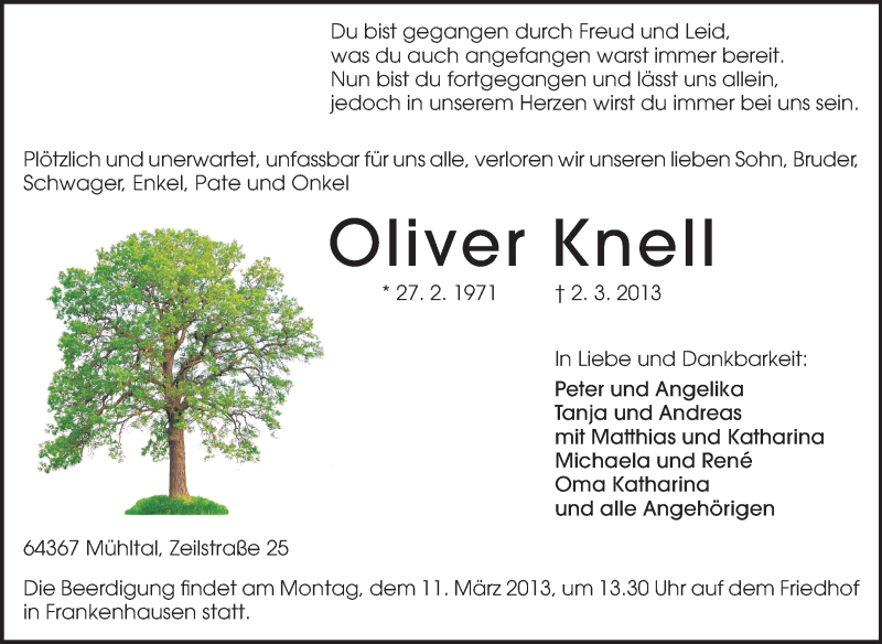  Traueranzeige für Oliver Knell vom 07.03.2013 aus Echo-Zeitungen (Gesamtausgabe)
