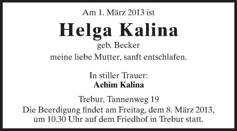  Traueranzeige für Achim Kalina vom 05.03.2013 aus Rüsselsheimer Echo, Groß-Gerauer-Echo, Ried Echo