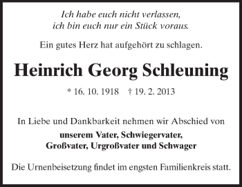 Traueranzeige von Heinrich Georg Schleuning von Echo-Zeitungen (Gesamtausgabe)