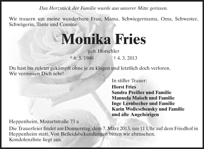  Traueranzeige für Monika Fries vom 05.03.2013 aus Starkenburger Echo
