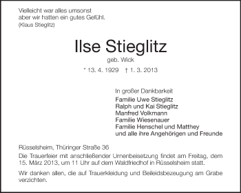 Traueranzeige von Ilse Stieglitz von Rüsselsheimer Echo, Groß-Gerauer-Echo, Ried Echo