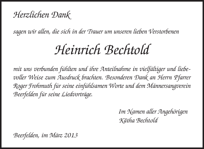  Traueranzeige für Heinrich Bechthold vom 06.03.2013 aus Odenwälder Echo