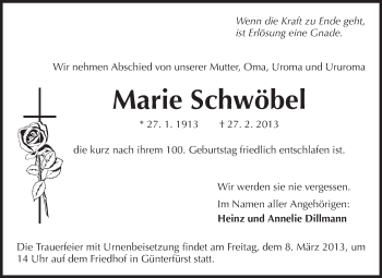 Traueranzeige von Marie Schwöbel von Odenwälder Echo