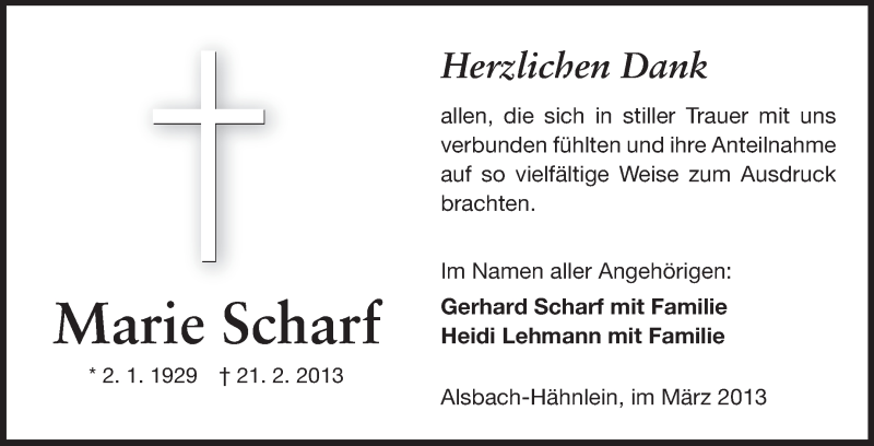  Traueranzeige für Marie Scharf vom 09.03.2013 aus Echo-Zeitungen (Gesamtausgabe)