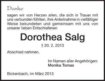 Traueranzeige von Dorothea Salg von Echo-Zeitungen (Gesamtausgabe)