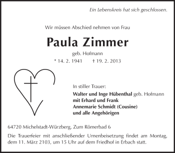 Traueranzeige von Paula Zimmer von Odenwälder Echo