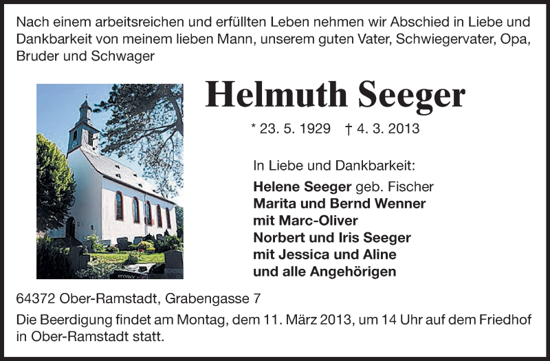  Traueranzeige für Helmuth Seeger vom 07.03.2013 aus Echo-Zeitungen (Gesamtausgabe)