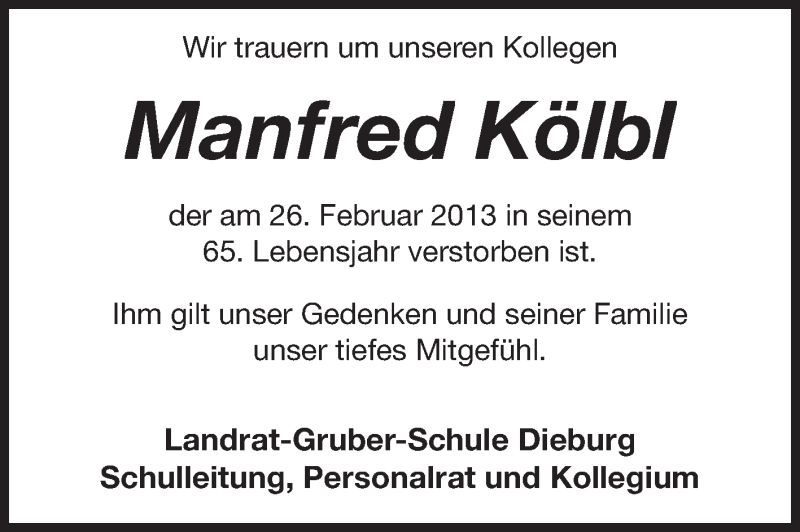  Traueranzeige für Manfred Kölbl vom 09.03.2013 aus Echo-Zeitungen (Gesamtausgabe)
