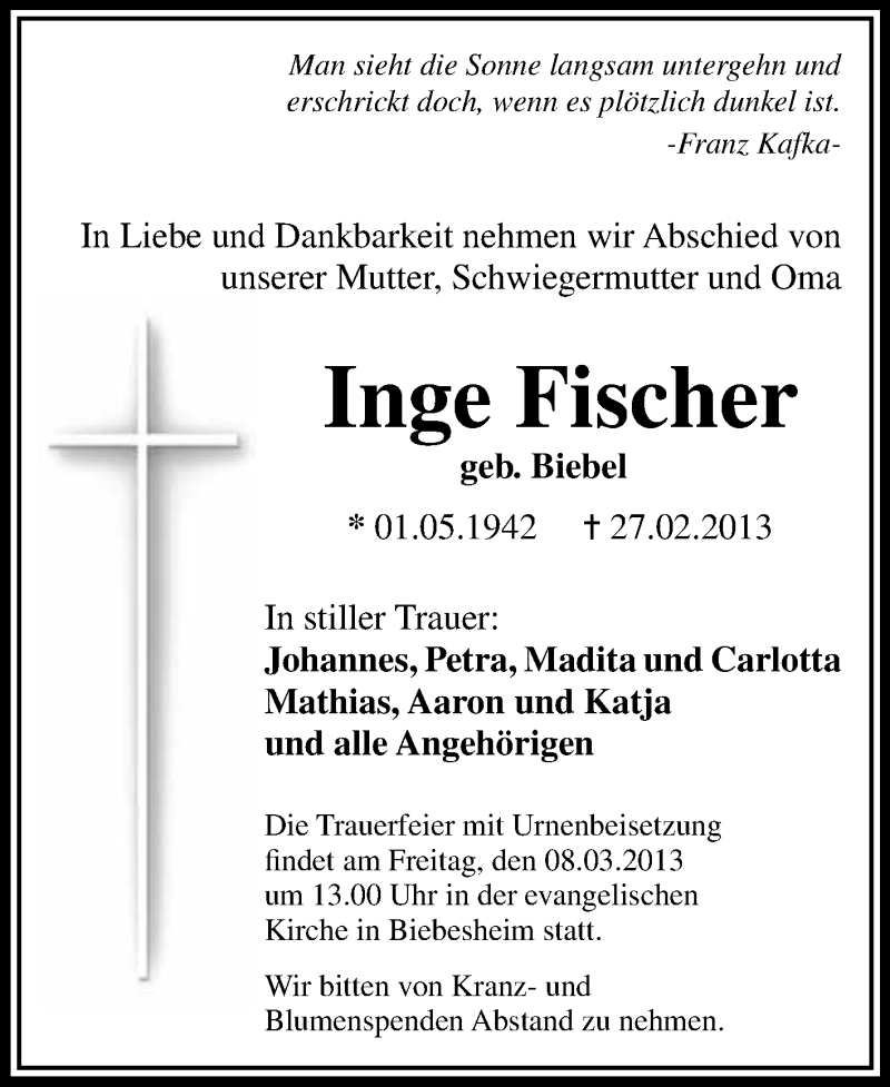 Traueranzeige für Inge Fischer vom 06.03.2013 aus Rüsselsheimer Echo, Groß-Gerauer-Echo, Ried Echo