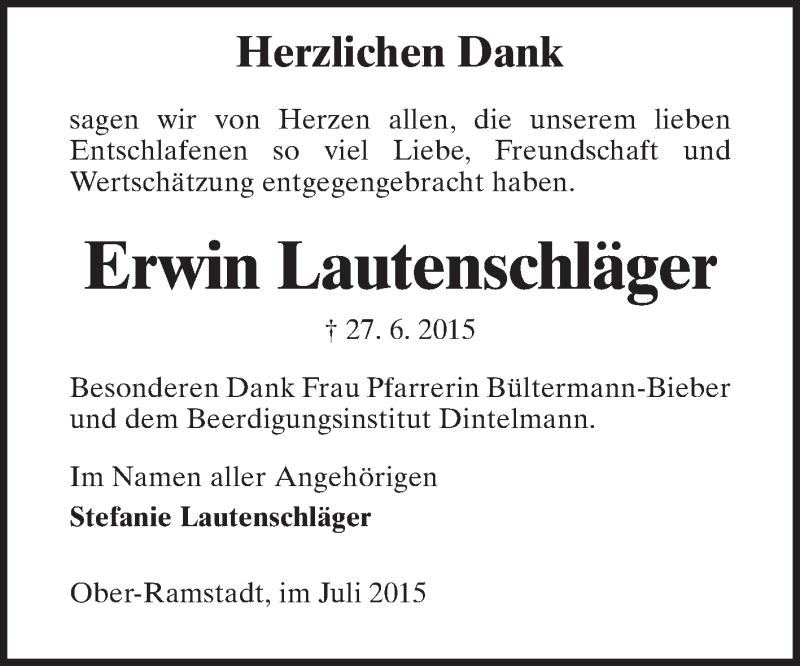  Traueranzeige für Erwin Lautenschläger vom 25.07.2015 aus Echo-Zeitungen (Gesamtausgabe)