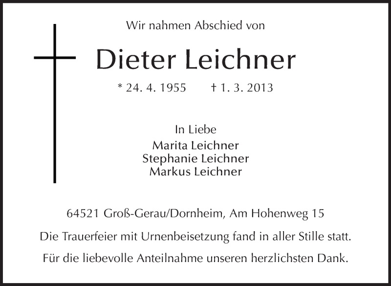  Traueranzeige für Dieter Leichner vom 14.03.2013 aus Rüsselsheimer Echo, Groß-Gerauer-Echo, Ried Echo