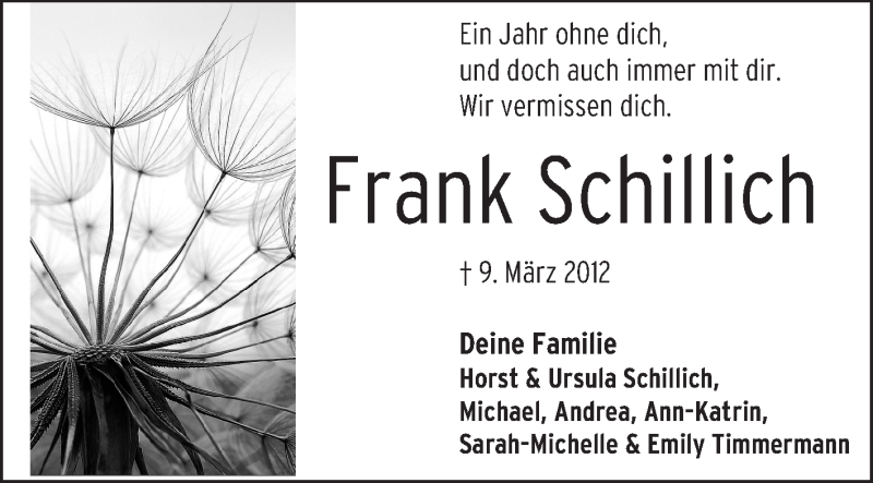  Traueranzeige für Frank Schillich vom 09.03.2013 aus Rüsselsheimer Echo, Groß-Gerauer-Echo, Ried Echo