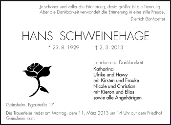 Traueranzeige von Hans Schweinehage von Rüsselsheimer Echo, Groß-Gerauer-Echo, Ried Echo