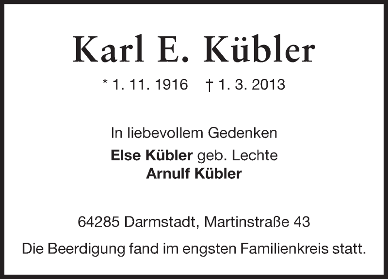  Traueranzeige für Karl Kübler vom 09.03.2013 aus Echo-Zeitungen (Gesamtausgabe)