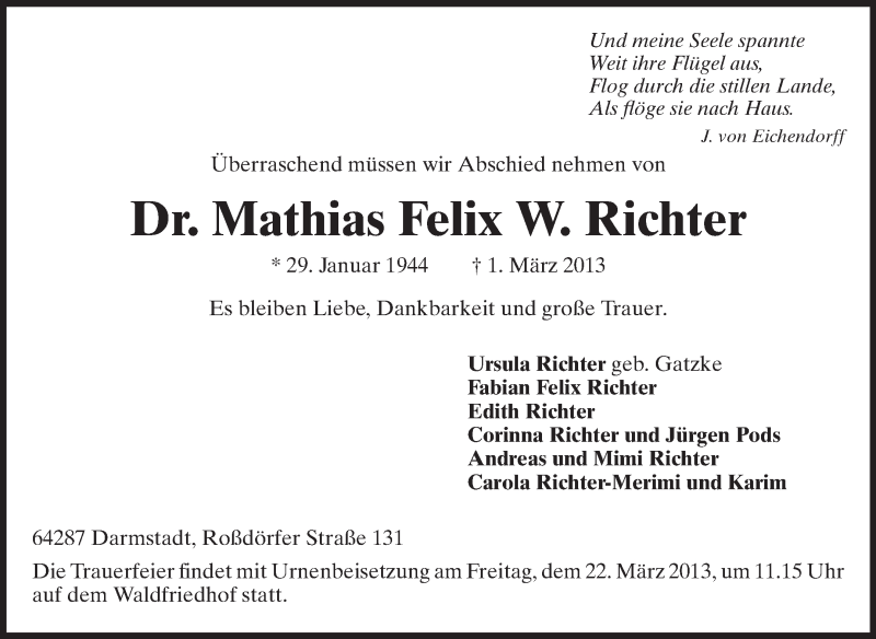  Traueranzeige für Mathias Felix Richter vom 09.03.2013 aus Echo-Zeitungen (Gesamtausgabe)