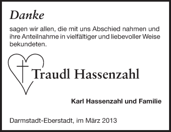 Traueranzeige von Traudl Hassenzahl von Echo-Zeitungen (Gesamtausgabe)