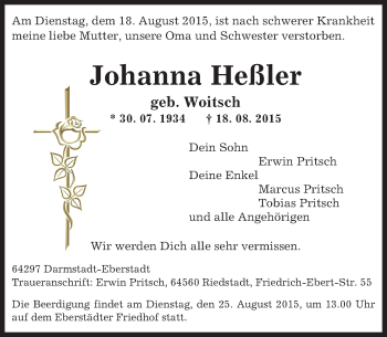 Traueranzeige von Johanna Heßler von trauer.echo-online.de