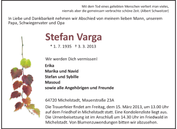 Traueranzeige von Stefan Varga von Odenwälder Echo