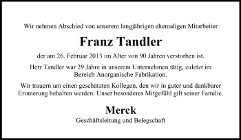 Traueranzeige von Franz Tandler von Echo-Zeitungen (Gesamtausgabe)