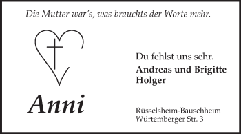 Traueranzeige von Anni  von Rüsselsheimer Echo, Groß-Gerauer-Echo, Ried Echo