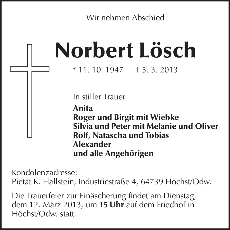  Traueranzeige für Norbert Lösch vom 09.03.2013 aus Odenwälder Echo
