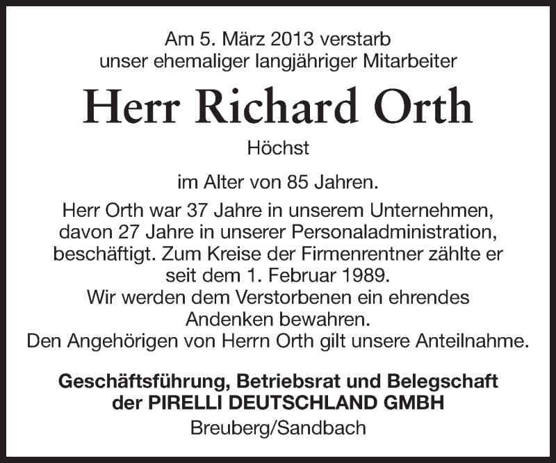  Traueranzeige für Richard Orth vom 08.03.2013 aus Odenwälder Echo