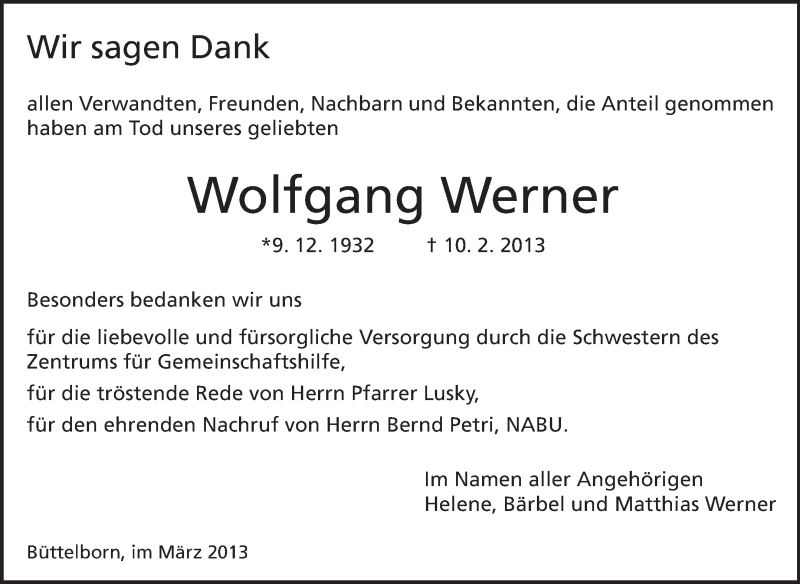  Traueranzeige für Wolfgang Werner vom 09.03.2013 aus Rüsselsheimer Echo, Groß-Gerauer-Echo, Ried Echo