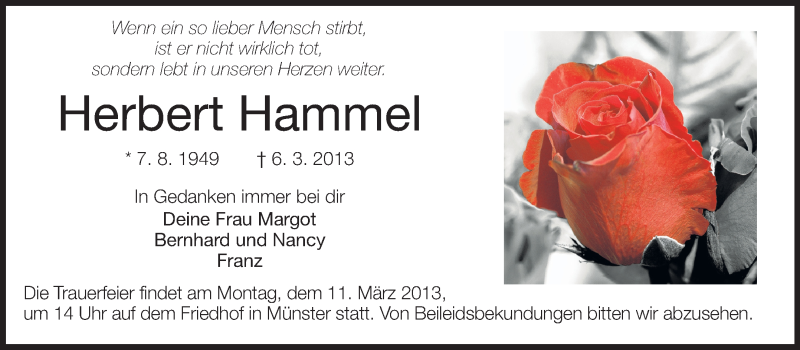  Traueranzeige für Herbert Hammel vom 09.03.2013 aus Echo-Zeitungen (Gesamtausgabe)