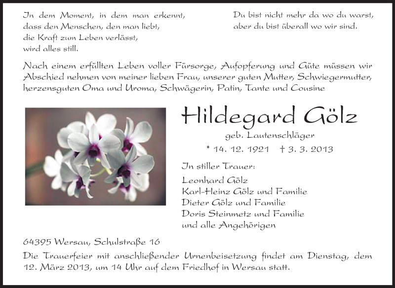  Traueranzeige für Hildegard Gölz vom 09.03.2013 aus Odenwälder Echo